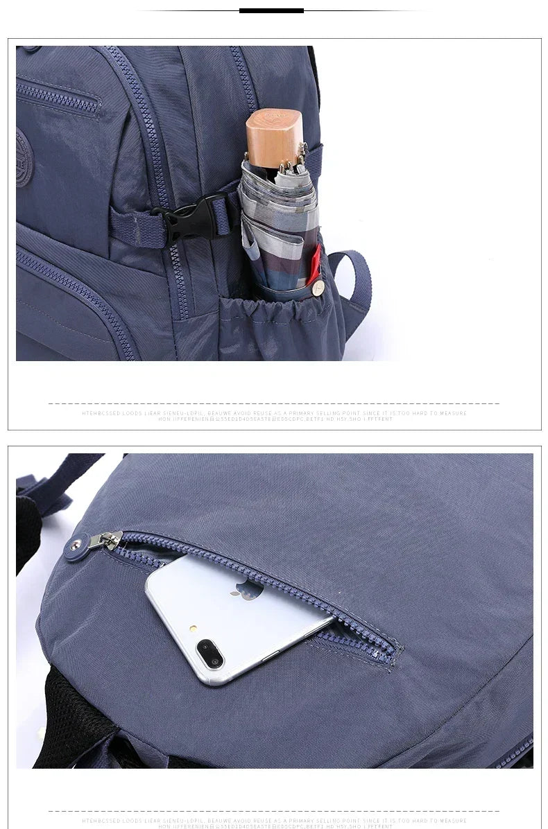 Fashionable women's nylon backpack complementing an urban outfit for daily errands.