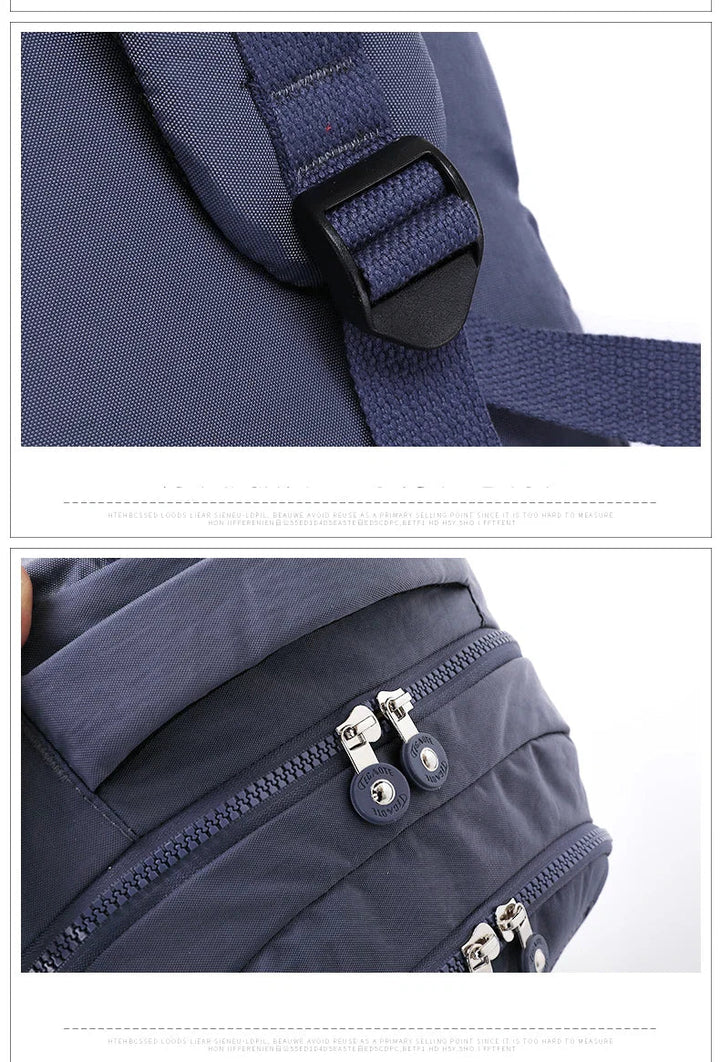 Organized women's backpack with daily essentials: laptop, water bottle, keys & more.