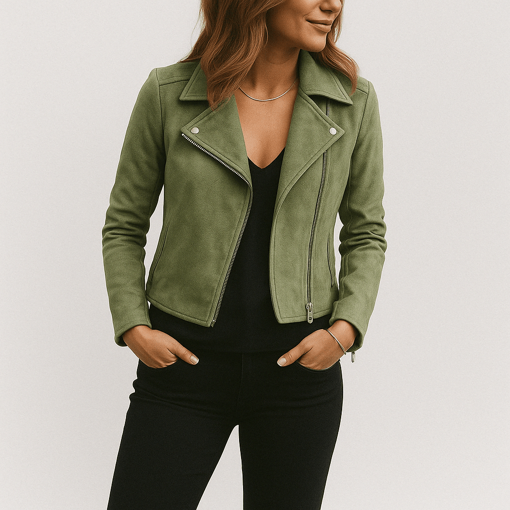 Women's edgy black biker jacket with asymmetric zip & silver hardware. Chic modern style.