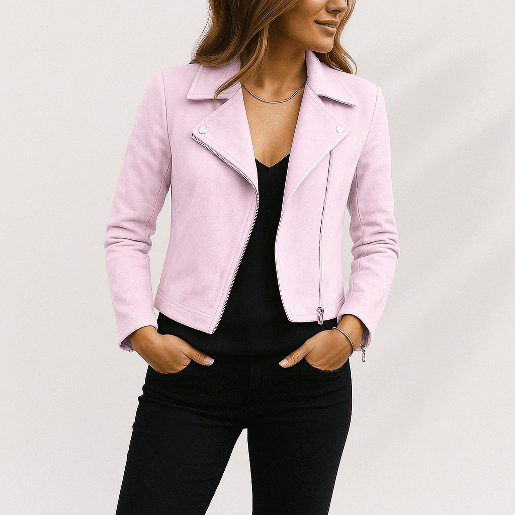 High-quality women's tailored biker jacket, offering an edgy look and comfortable fit.