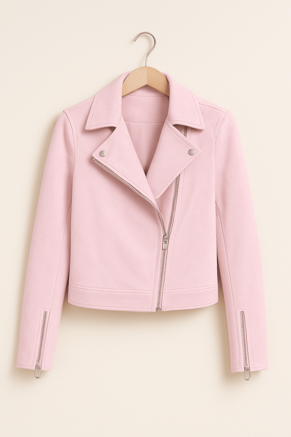 Edgy women's outerwear: a zip-up biker jacket with distinctive details for a bold fashion statement.