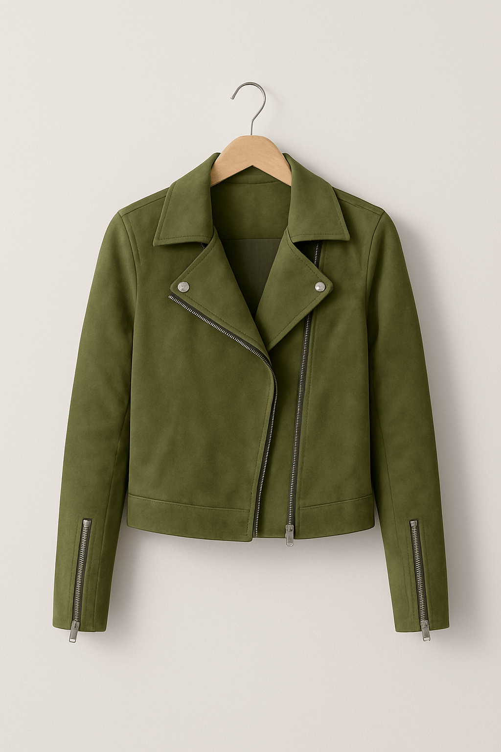 Close-up of a women's tailored zip-up biker jacket, showcasing its sleek design & edgy details.
