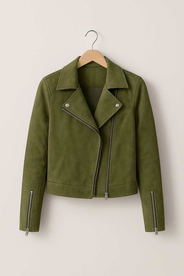 Close-up of a women's tailored zip-up biker jacket, showcasing its sleek design & edgy details.