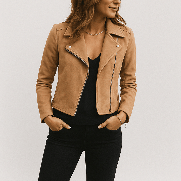 Fashionable women's zip-up biker jacket in a versatile shade, ideal for smart casual layering.