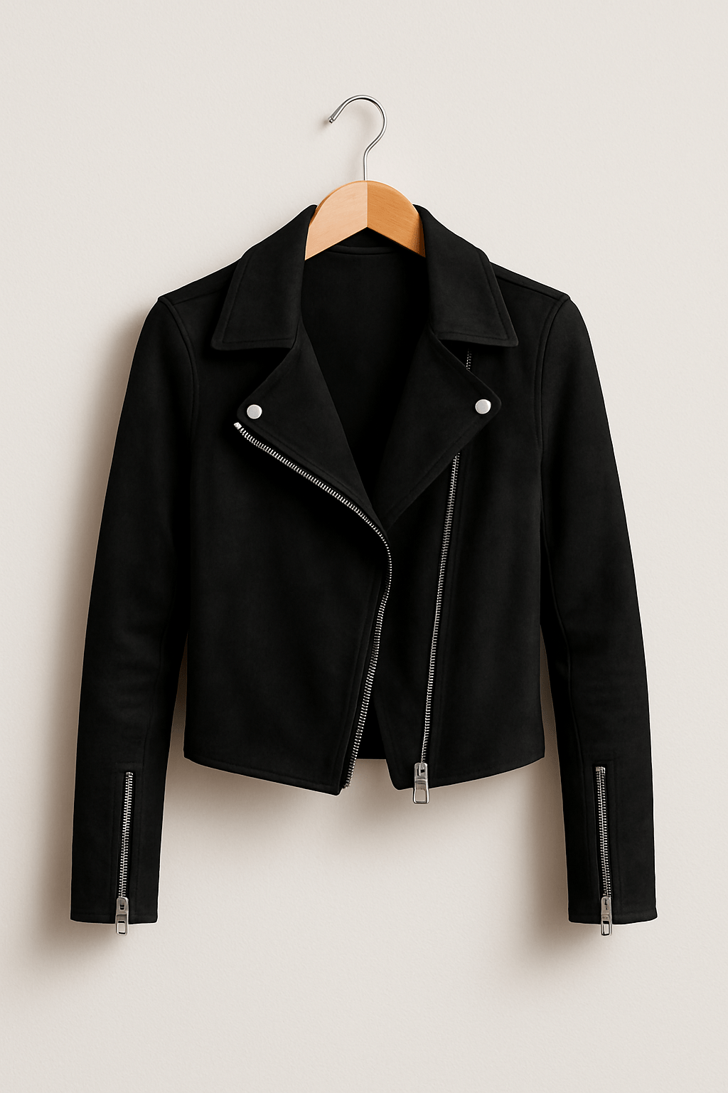 Detail shot of the collar and zipper on a women's edgy biker jacket, highlighting its quality.