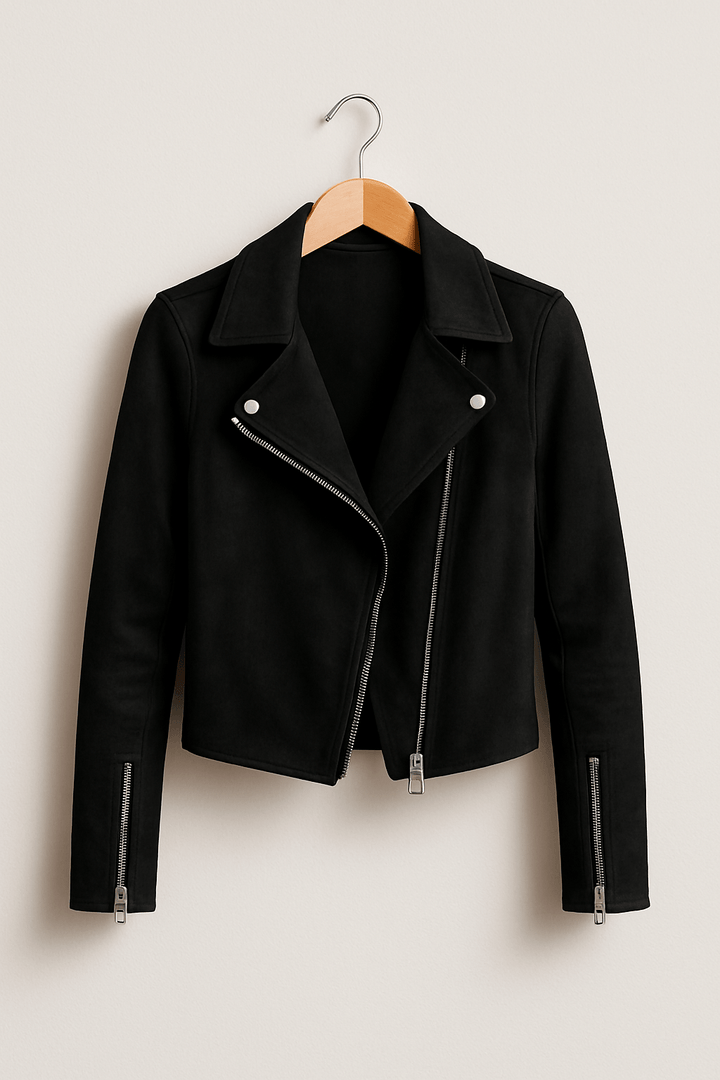 Detail shot of the collar and zipper on a women's edgy biker jacket, highlighting its quality.