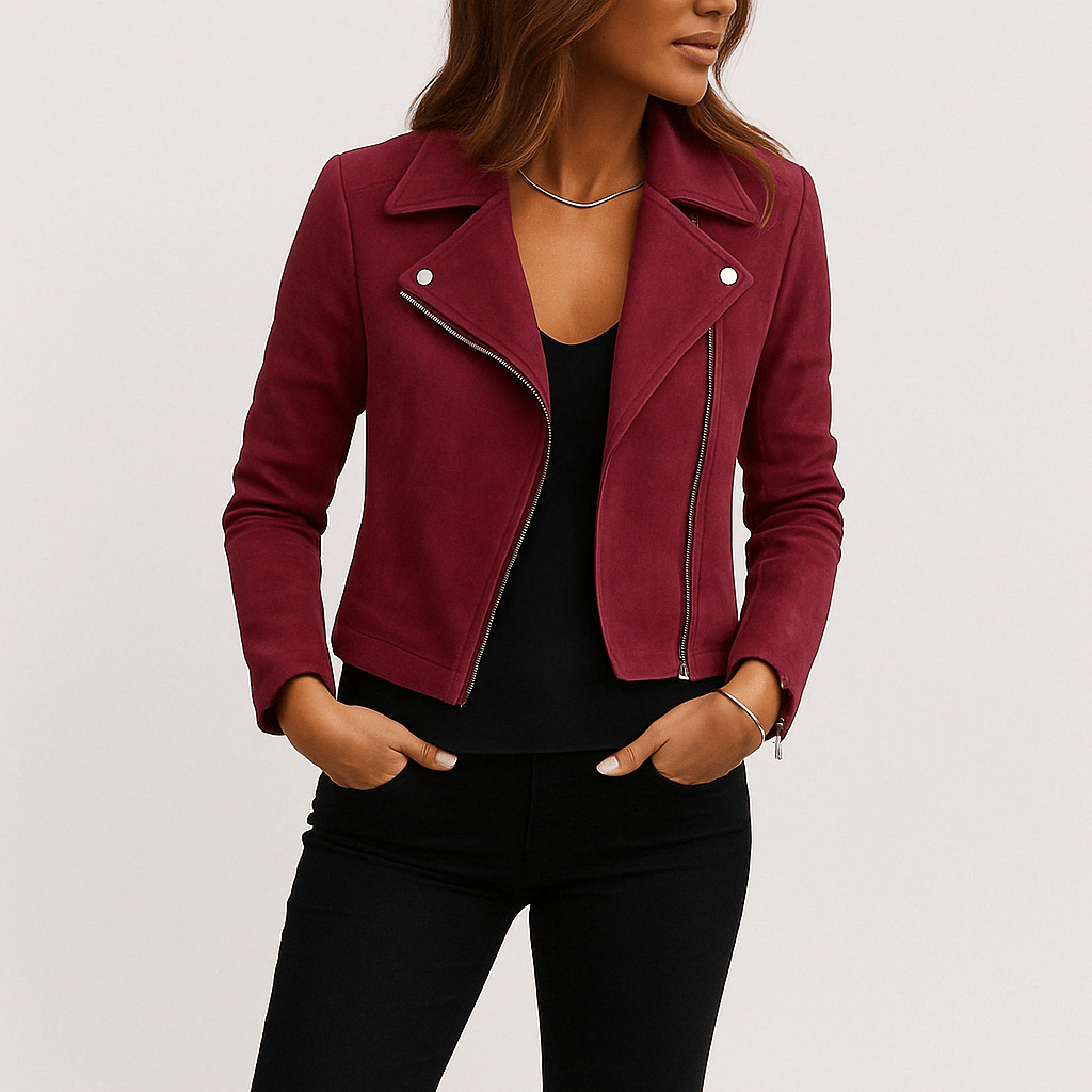 Chic women's biker jacket, an essential layering piece with an asymmetric zip and contemporary fit.