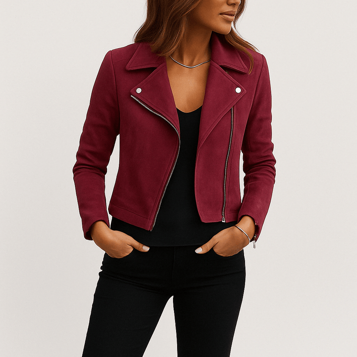 Chic women's biker jacket, an essential layering piece with an asymmetric zip and contemporary fit.