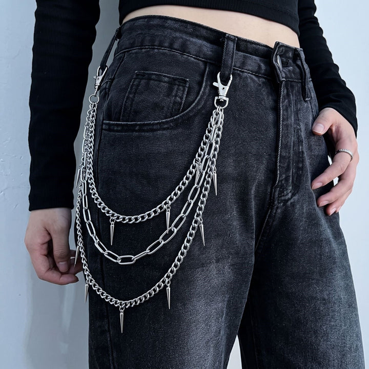 Women's edgy fashion chain belt with spiked details, a trendy adjustable metal accessory.