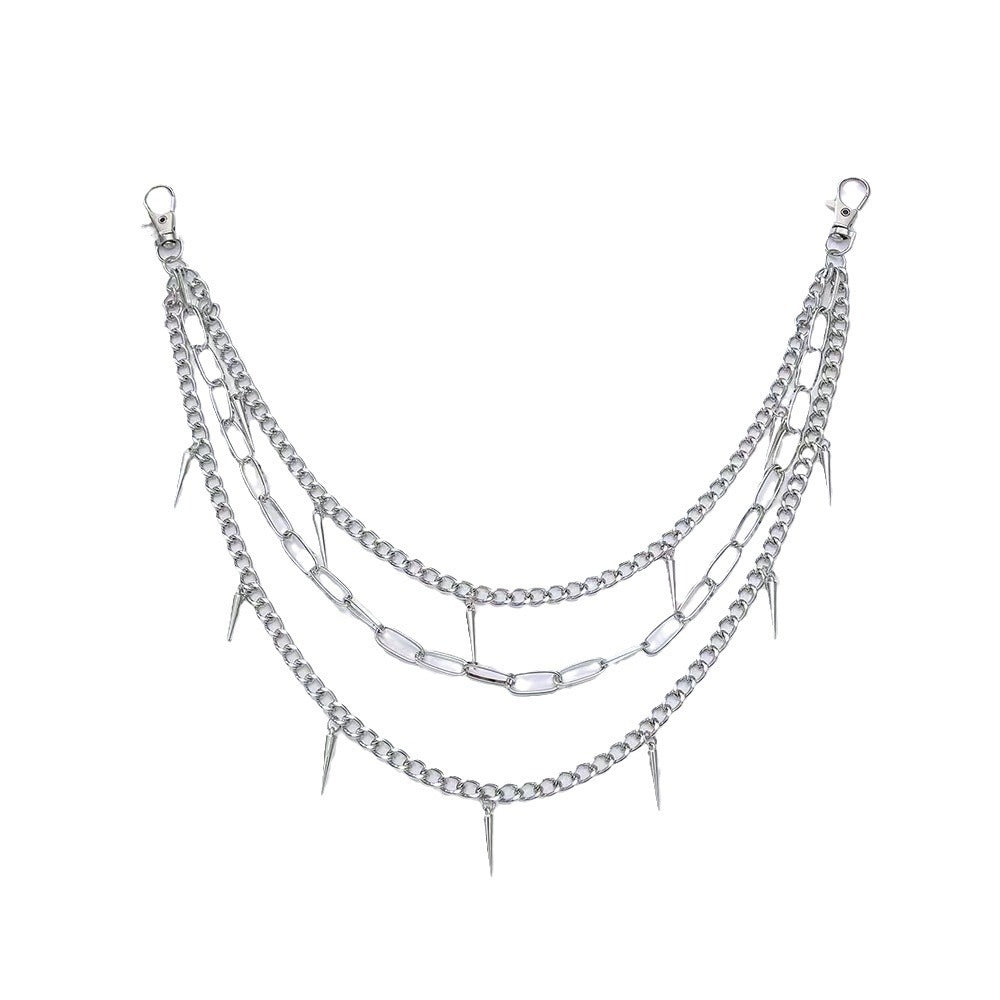 Trendy women's fashion belt: metal chain design adorned with bold spikes, ideal for an edgy accessory.
