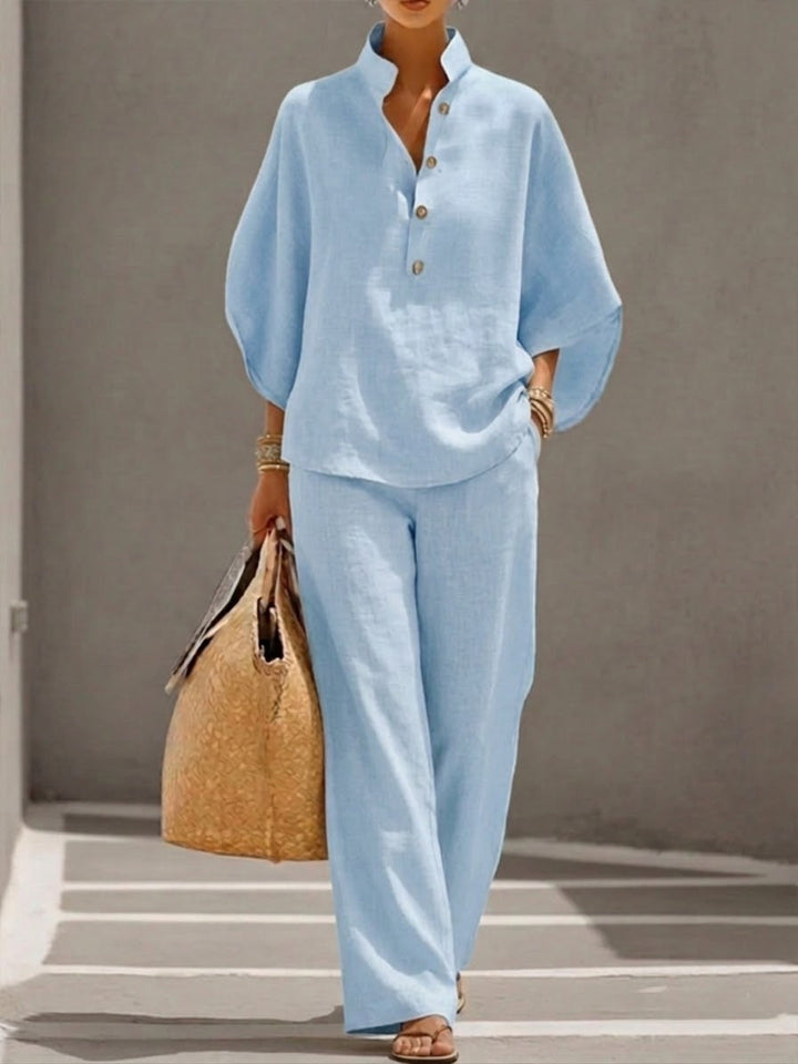 Lightweight women's matching two-piece set, perfect for a casual beach or summer vacation outfit.