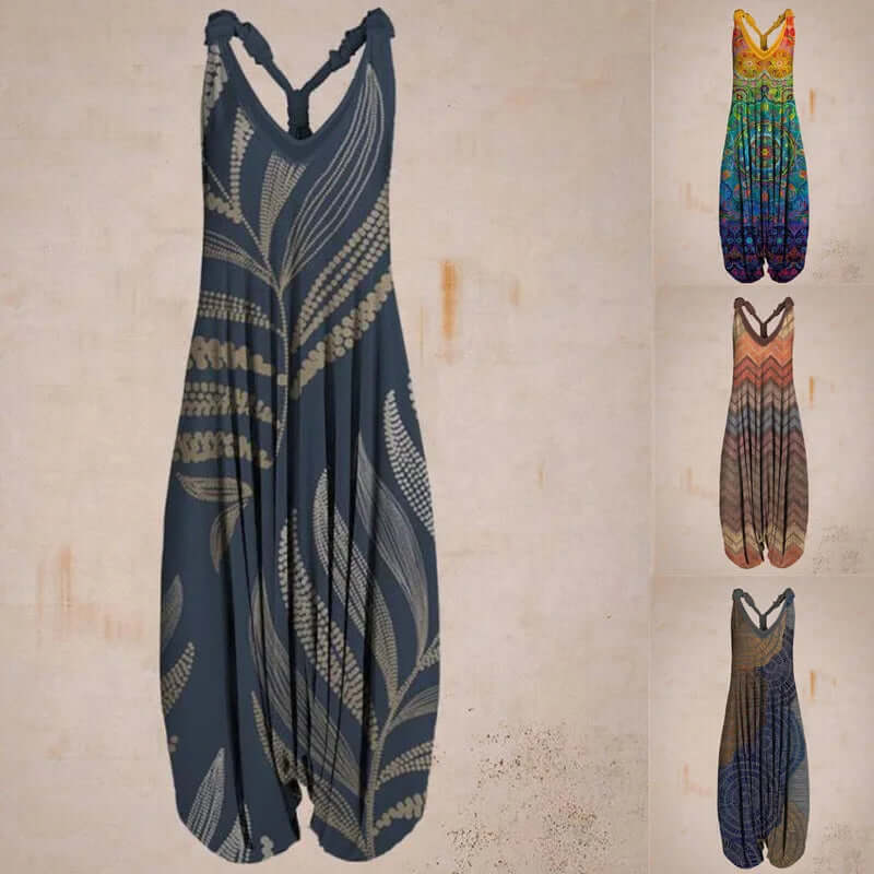 Printed flowy women's sleeveless boho jumpsuit, a stylish one-piece for summer.