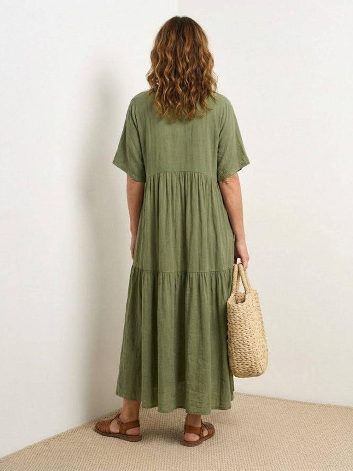 Lightweight women's tiered maxi dress. Ideal summer day dress with a V-neck style.