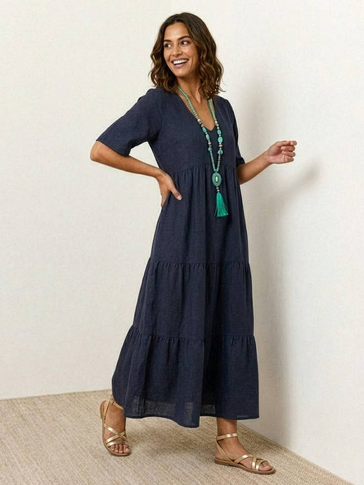 Vacation essential: women's boho V-neck tiered maxi dress. Relaxed & flowy fit.