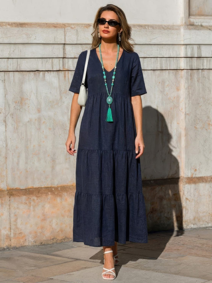 Women's tiered maxi dress, a comfortable V-neck boho style perfect for the beach.