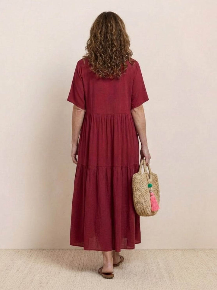 Women's beach-friendly V-neck tiered maxi dress. Flowy & comfortable boho design.