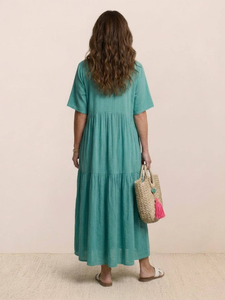 Comfortable & flowy women's V-neck tiered maxi dress. Perfect for summer vacation.