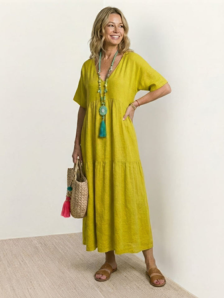 Women's casual boho V-neck tiered maxi dress. Comfortable for any summer occasion.