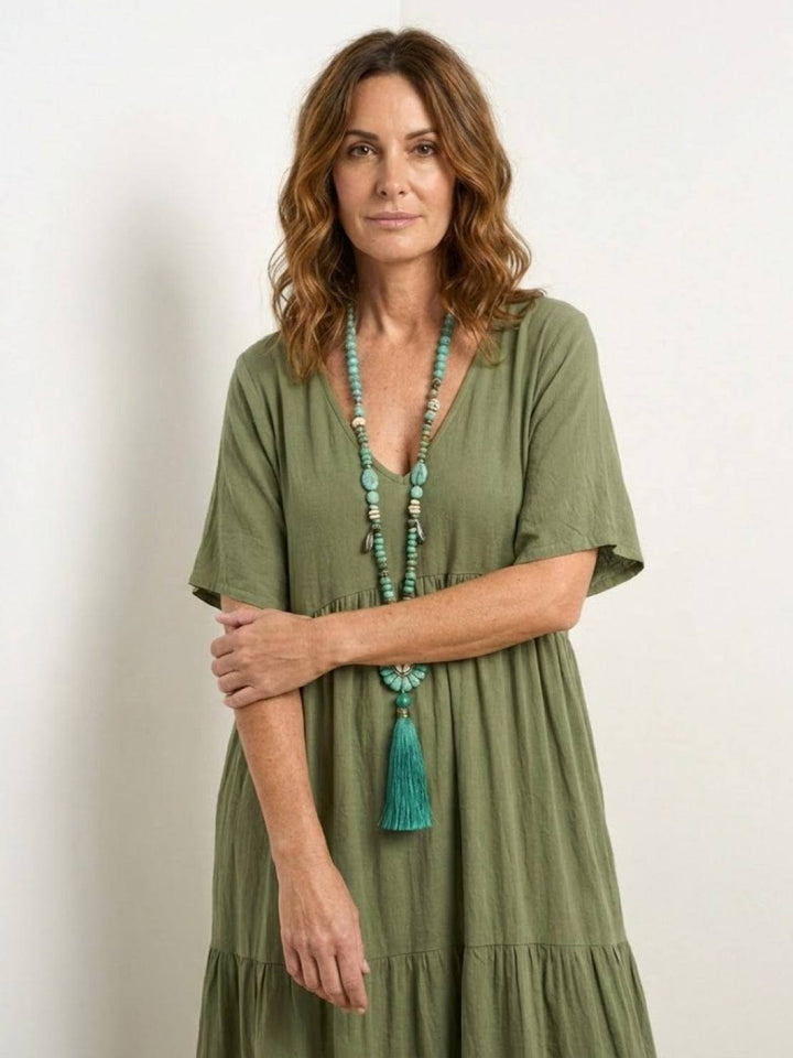 Relaxed fit women's tiered boho dress. A comfortable V-neck maxi for warm weather.