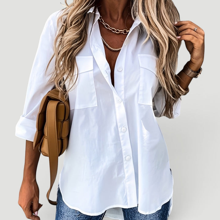 Comfortable women's daily wear blouse with functional buttons and a relaxed fit.