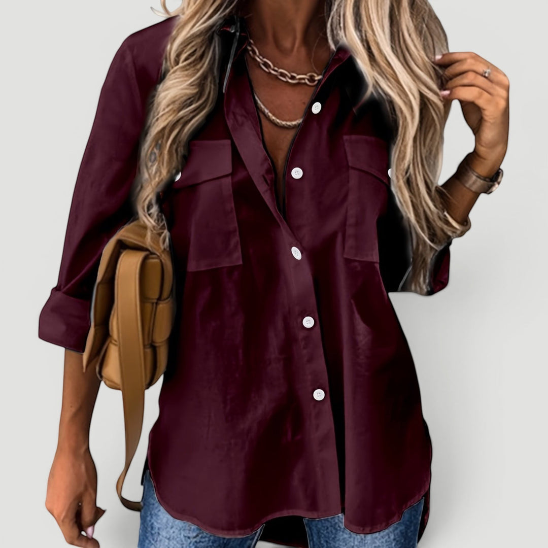 Casual women's button blouse, perfect for everyday style & comfortable long-sleeve wear.