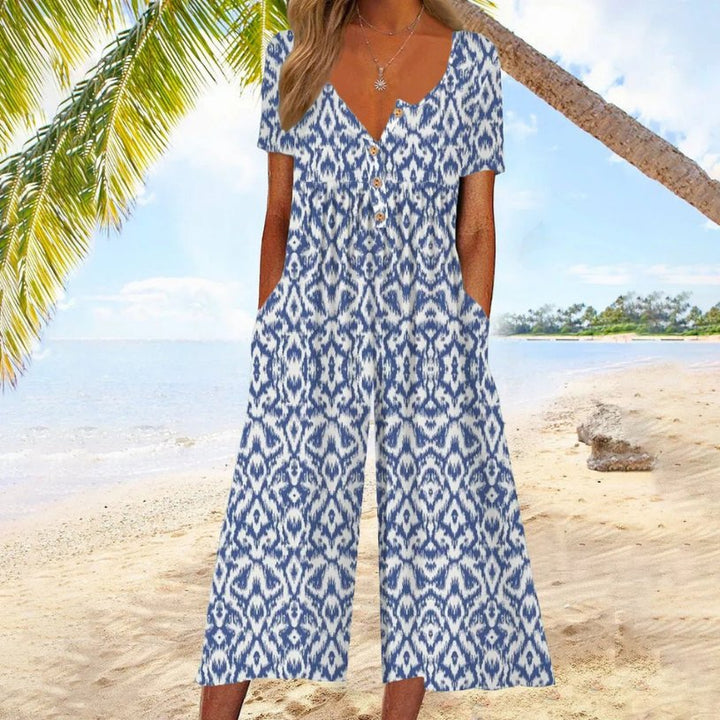 Stylish women's culotte jumpsuit, perfect for summer casual, resort wear, or a comfortable vacation outfit.