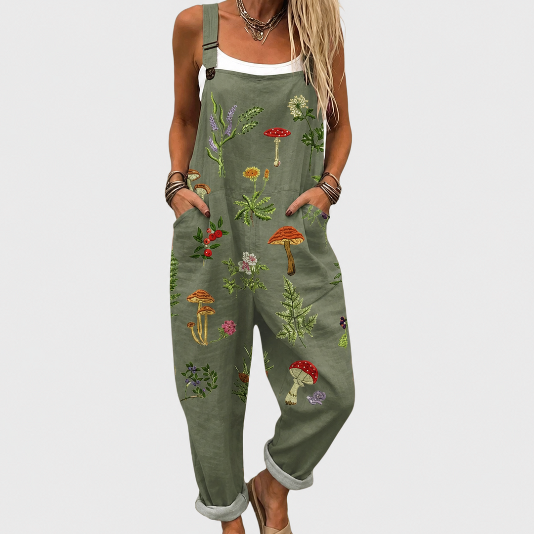 Women's effortless chic printed wide-leg jumpsuit. Comfortable, casual & elegant summer style. Relaxed fit one-piece daywear.