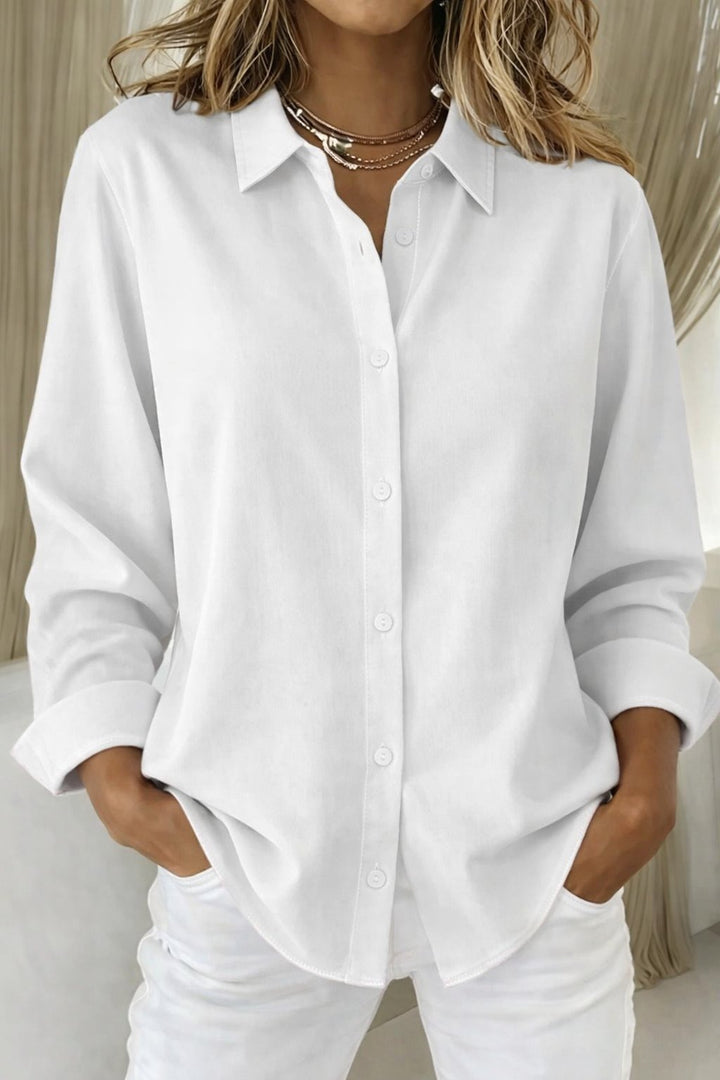 Effortless chic long-sleeve button-down blouse for women, ideal for smart casual workwear & versatile styling.