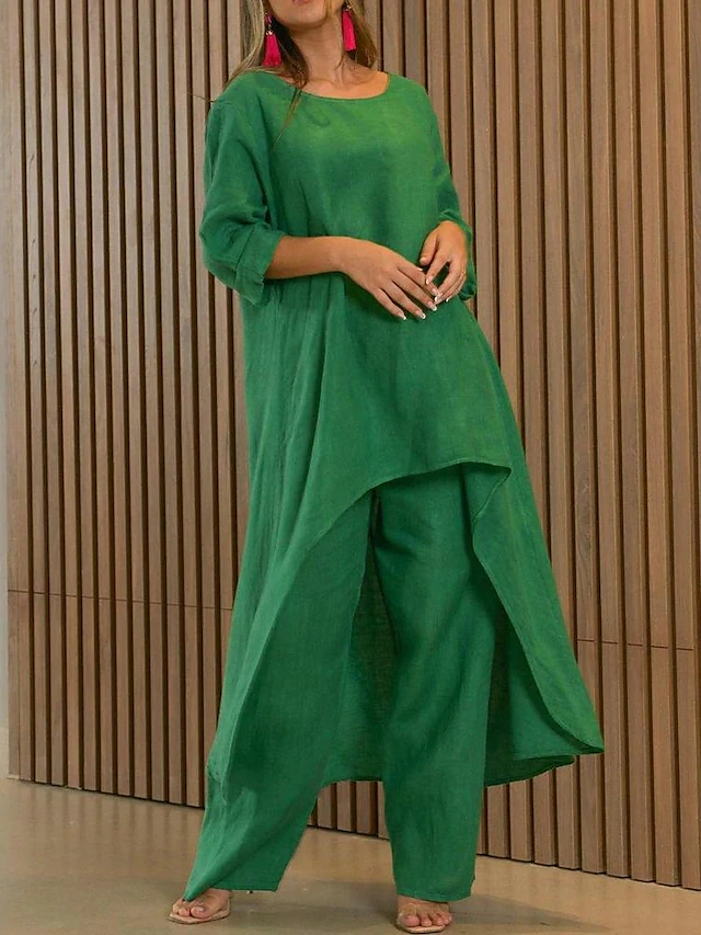 Versatile women's casual two-piece set. Long-sleeve top and wide-leg pants for chic weekend fashion.
