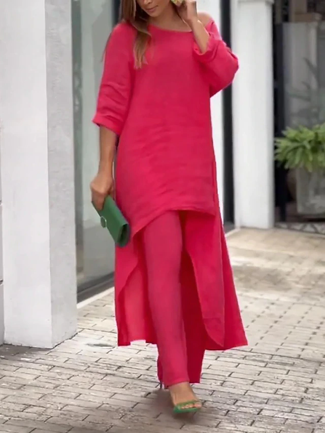 Women's relaxed fit two-piece set with a comfy long-sleeve top & fashionable wide-leg pants.