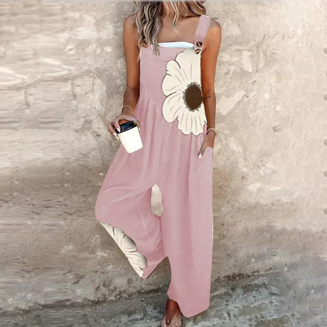 Full-length women's printed overalls jumpsuit, comfortable, stylish, & perfect for spring/summer fashion.
