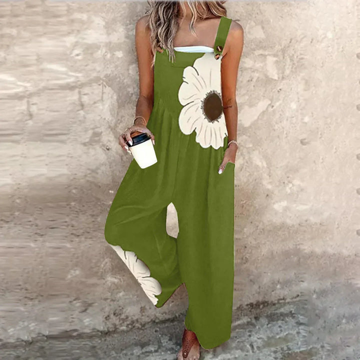 Model wearing women's comfortable printed overalls jumpsuit, ideal for casual spring & summer style.