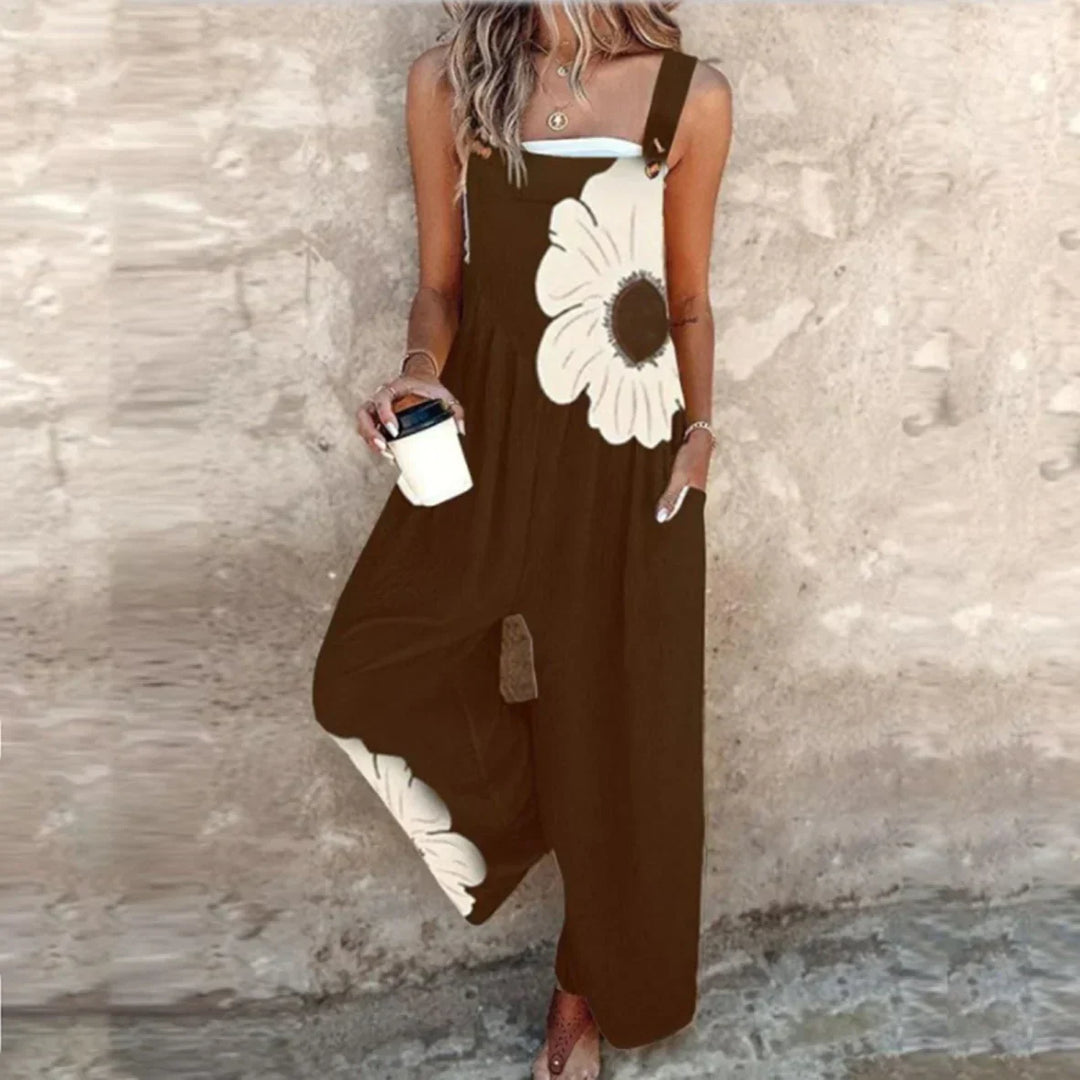 Women's printed overall jumpsuit from the back, comfortable and stylish one-piece for warm seasons.