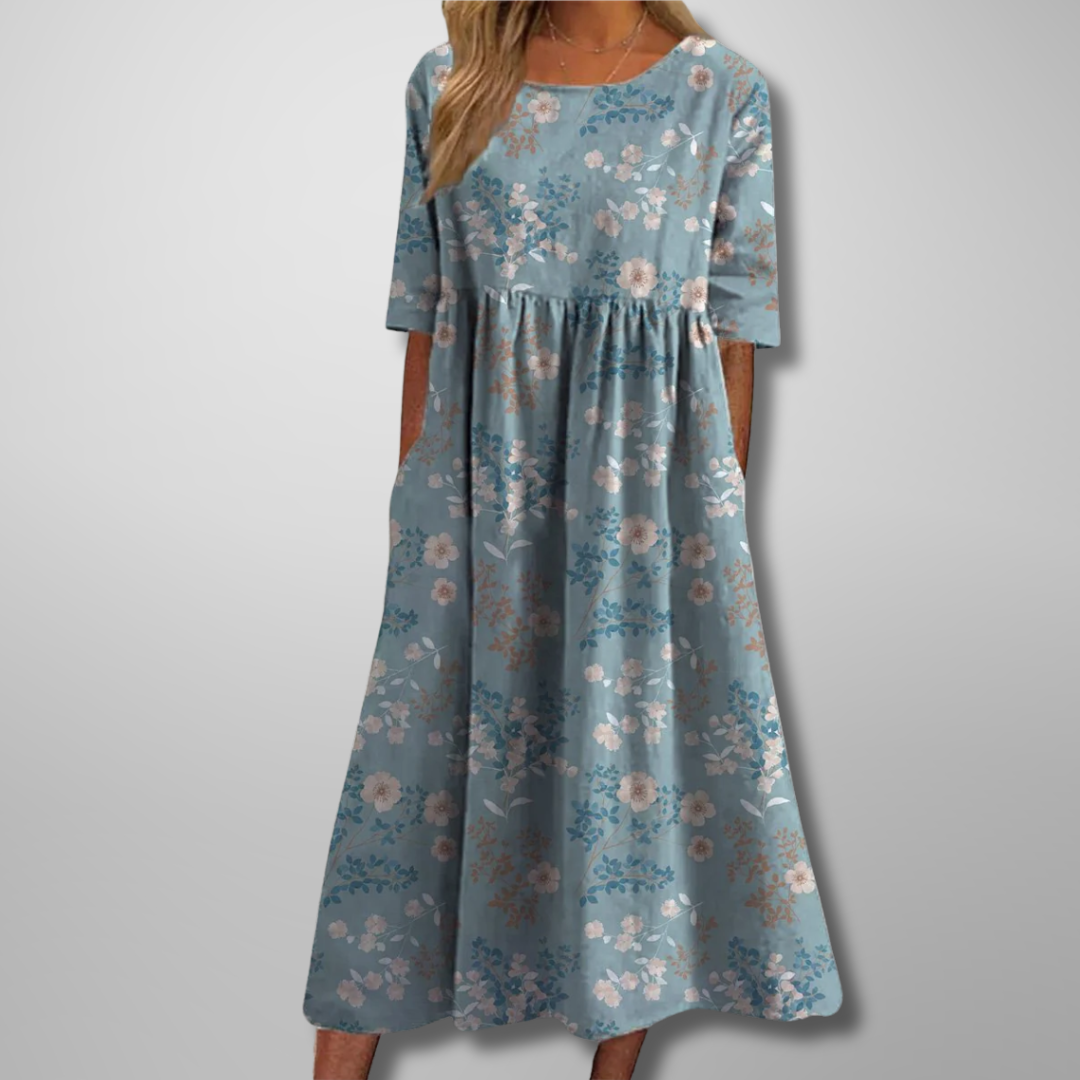 Elegant women's floral print maxi dress with a flowing silhouette, perfect for warm weather & everyday style.