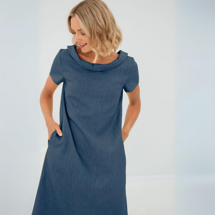 Chic women's flowy linen midi summer dress, short sleeve, offering effortless style and comfort.