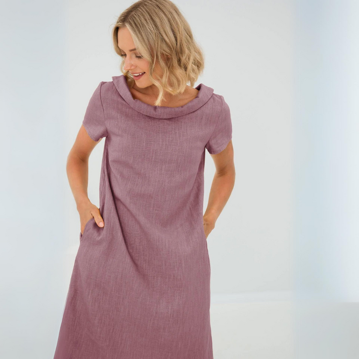 Elegant & casual women's flowy short sleeve linen midi dress, perfect for summer.