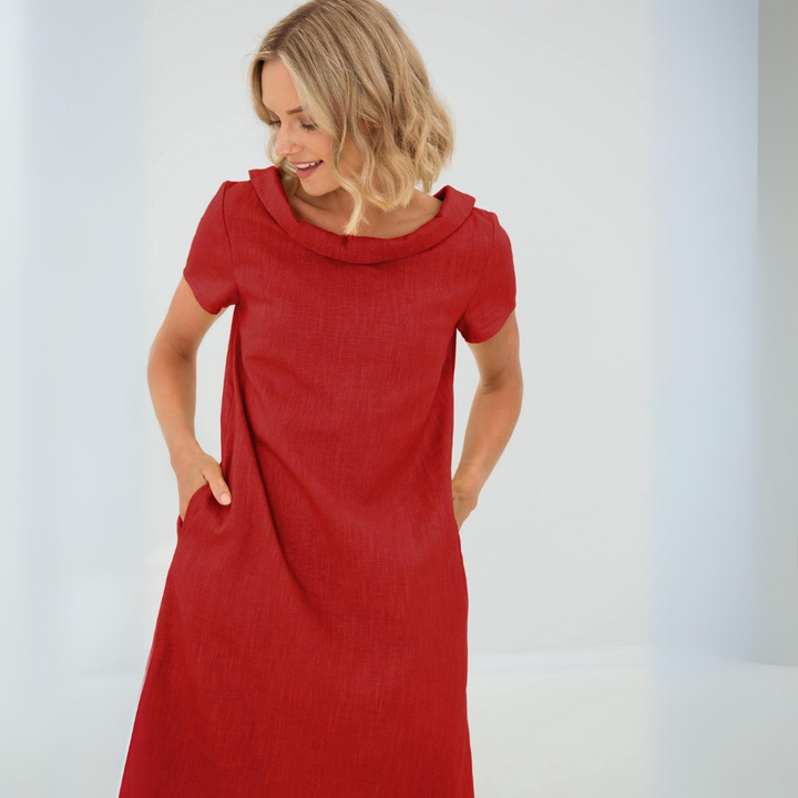 Sofia Women's Effortless Flowy Linen Midi Summer Dress, short sleeve for elegant casual wear.