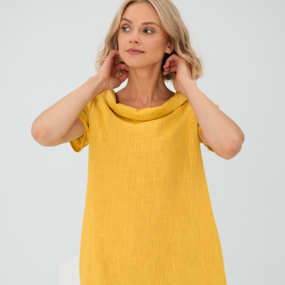 Sofia linen midi dress, a women's flowy summer dress with short sleeves for effortless style.