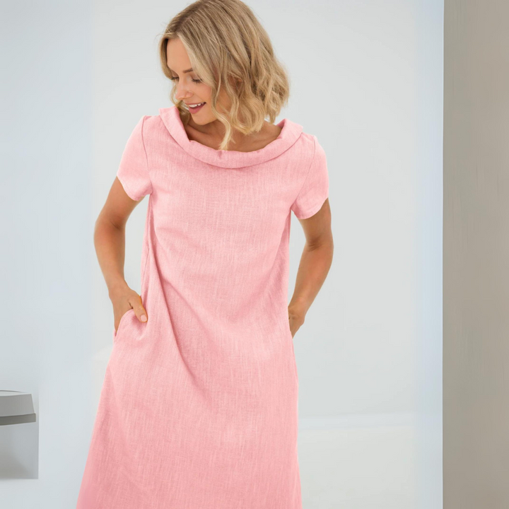 Elegant women's flowy linen summer midi dress, short sleeve casual style for adults.