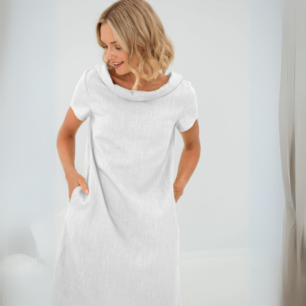 Versatile Sofia women's summer dress, flowy linen midi with short sleeves, effortless casual elegance.