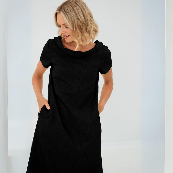 Comfortable women's flowy linen midi dress, short sleeve and effortless, perfect for summer casual.