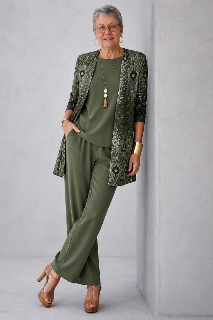 Women's effortless green 3-piece set: long-sleeve top, wide-leg pants & open cardigan for casual elegant fall fashion.