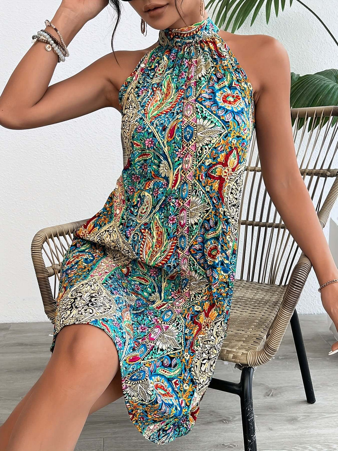Casual yet elegant women's bohemian dress, a flowy halter maxi for relaxed summer outings.