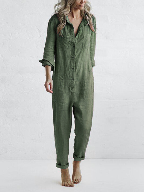 Women's effortless long sleeve button-up jumpsuit, relaxed fit, ideal for versatile everyday casual wear.