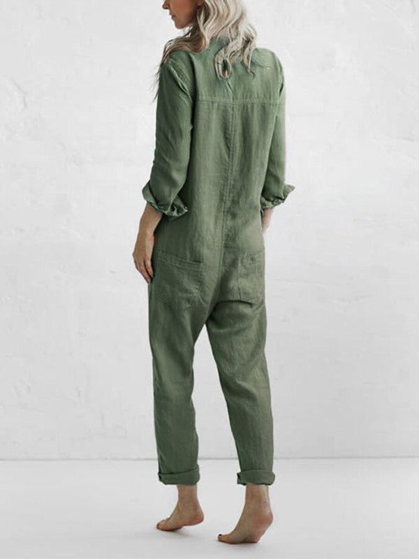 Comfortable women's long sleeve button-up jumpsuit, versatile for elegant or casual spring/fall fashion.