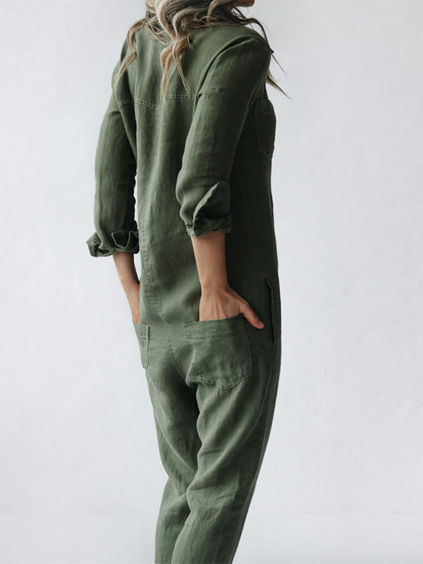 Fashionable women's button-up long sleeve jumpsuit, perfect for everyday spring & fall effortless style.