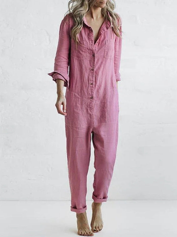 Relaxed fit women's long sleeve jumpsuit with stylish front button-up, comfortable & chic for everyday.