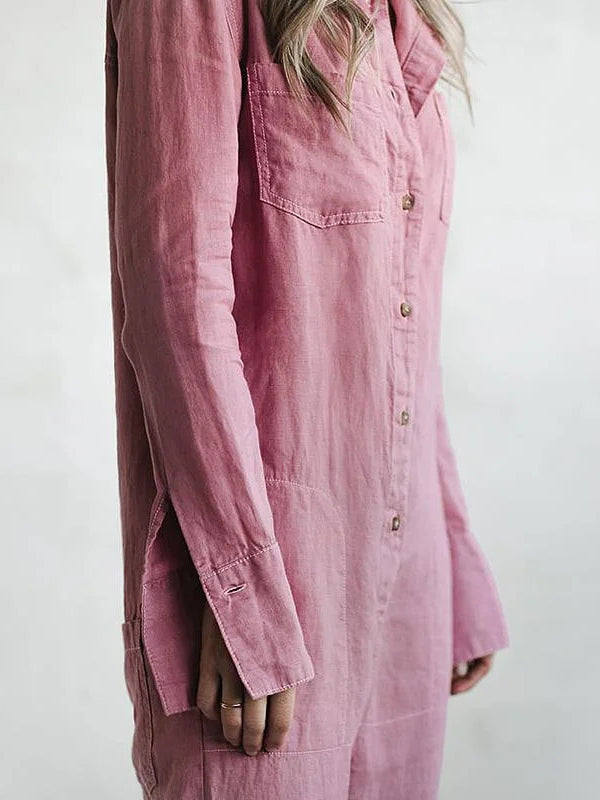 Elegant yet casual women's long sleeve button-up jumpsuit for comfortable everyday fashion & versatile outfits.