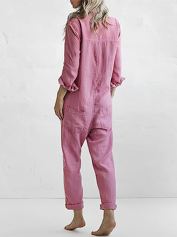 Effortless long sleeve button-up women's jumpsuit, relaxed fit, great for comfortable spring and fall outfits.