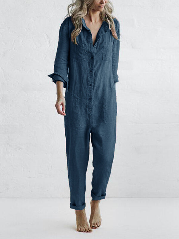 Stylish women's long sleeve button-up jumpsuit, comfortable & versatile for casual and everyday fashion outfits.